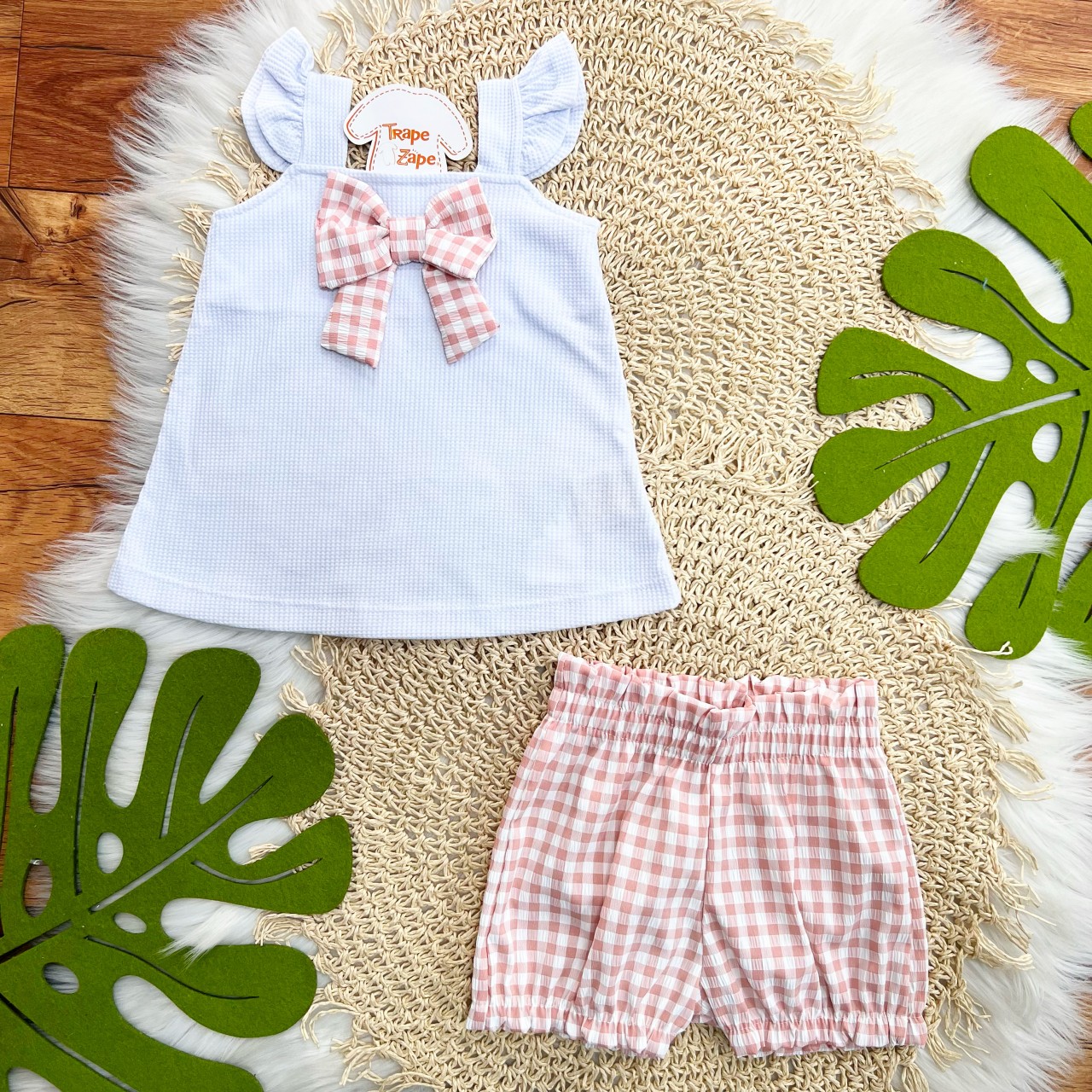 Conj. Regata com Laço e Short Xadrez - Rose e Branco
